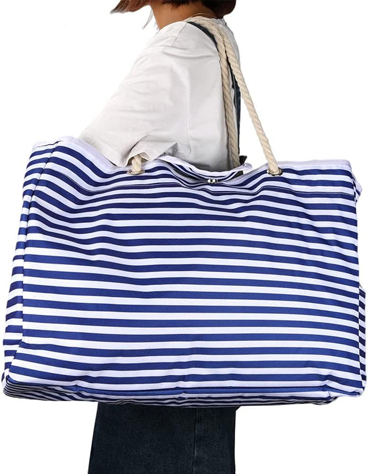 Open extra large waterproof beach tote showing spacious interior, perfect for towels, swimsuits & travel items.