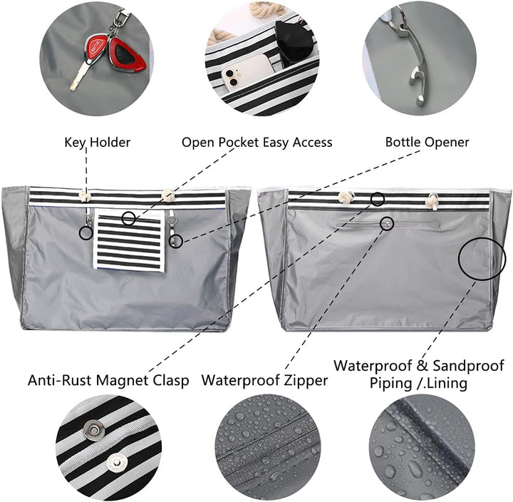 Waterproof extra large beach tote bag, sandproof, perfect for swim gear & vacation essentials. Includes travel pouch.