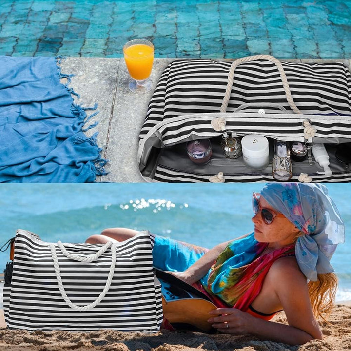 Spacious extra large waterproof beach bag for women. Keep all your swim gear & travel items dry & organized.