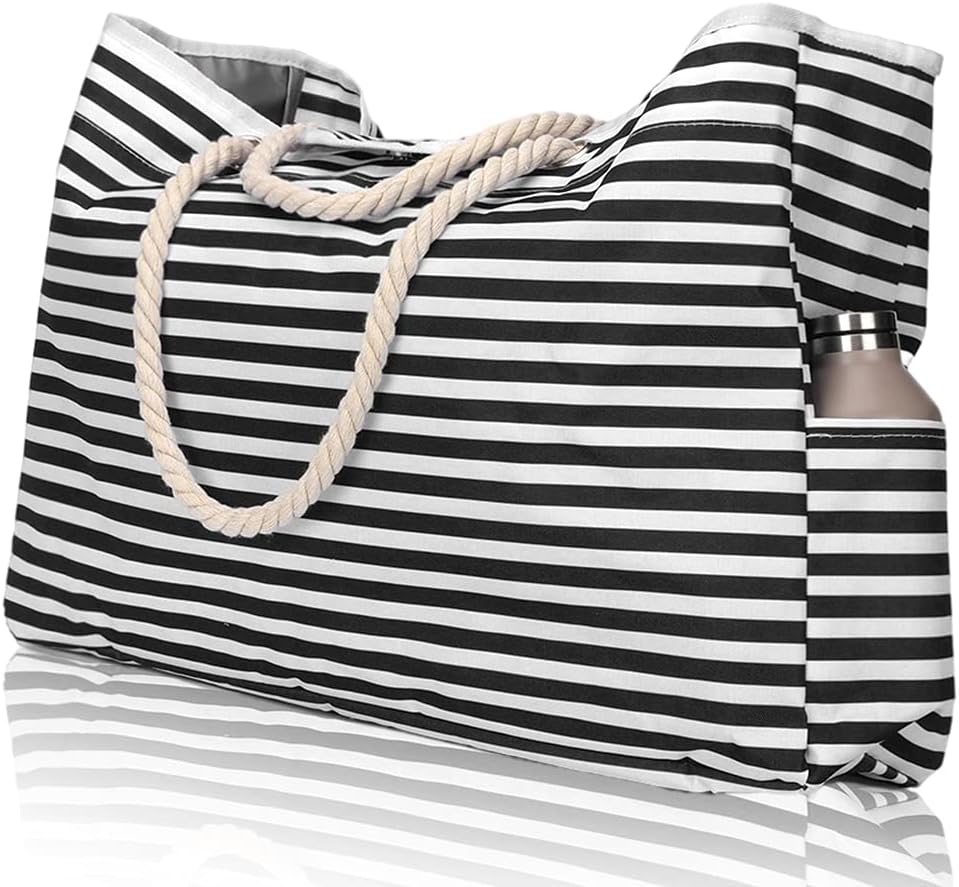Striped extra large beach tote and bonus case, showing ample storage for all beach and travel essentials