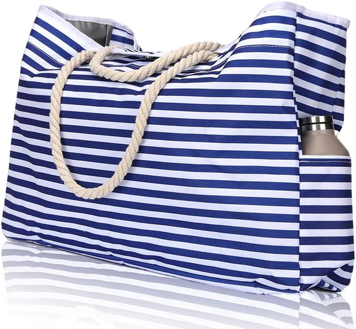 Women's extra large striped tote bag, waterproof, with an accompanying bonus case, essential for beach trips