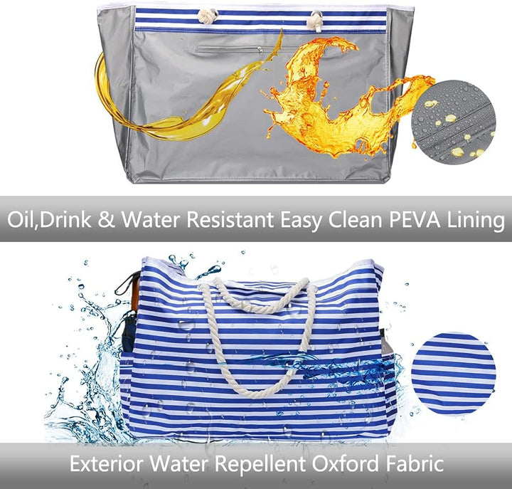 Full view of extra large waterproof CoastCarry beach tote in blue stripes, next to its bonus travel case