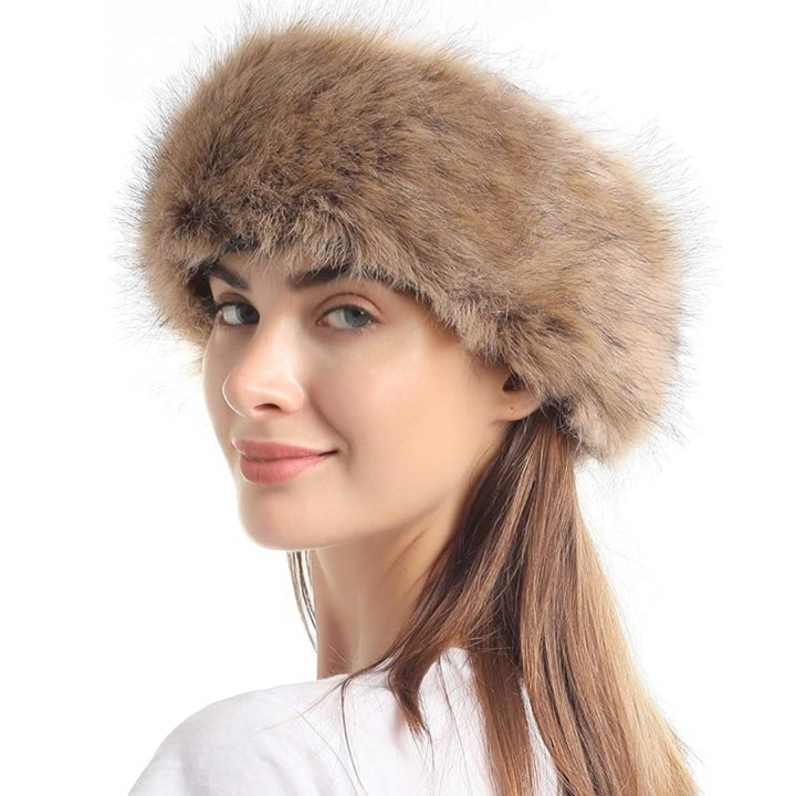 Women's faux fur winter headband, Olga, in black, soft, and stylish ear warmer