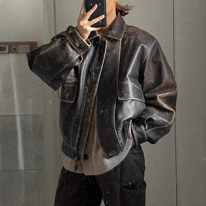Stylish women's vintage faux leather jacket, an ideal outerwear for fall fashion.