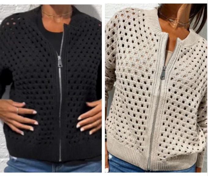 Fenja women's relaxed-fit zipper cardigan, perfect for layering. Lightweight, airy knit, a versatile long-sleeve top.