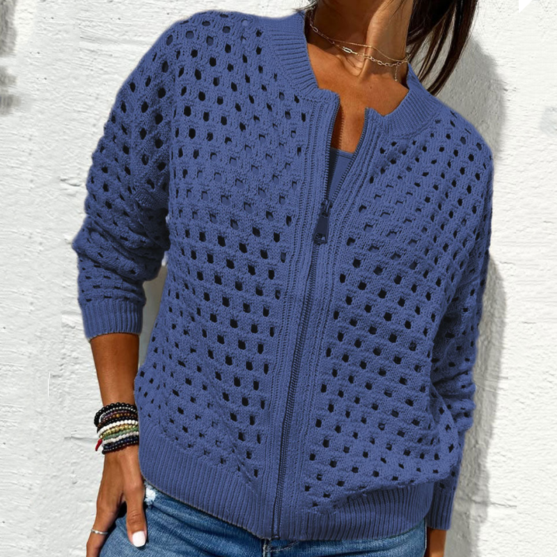 Stylish Fenja women's cardigan with zipper & airy knit texture. Versatile long-sleeve top for everyday casual wear.