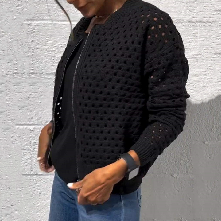 Fenja women's long-sleeve zipper cardigan. Features airy structure knit, a lightweight & versatile piece for layering.