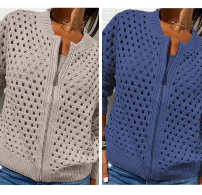 Lightweight Fenja women's zipper cardigan with airy structure. Versatile long-sleeve knit for casual, comfortable wear.