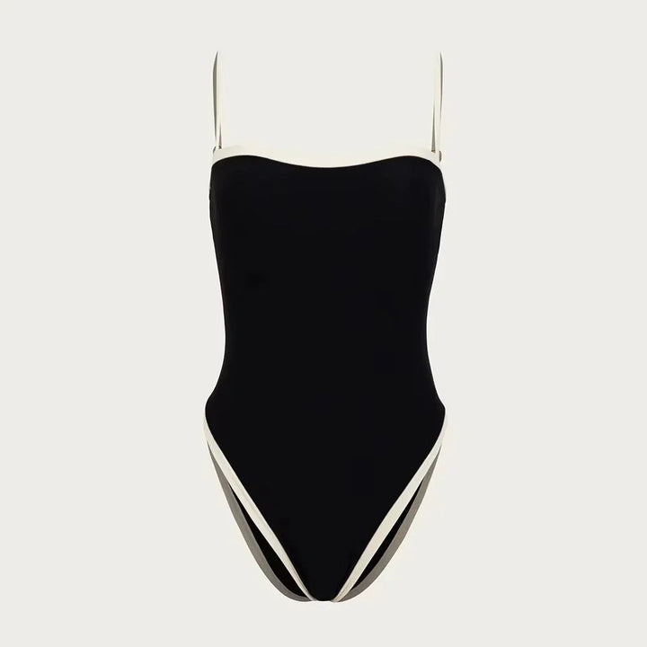 Women's vibrant color block one-piece swimsuit, designed for a flattering summer look at the beach or pool.