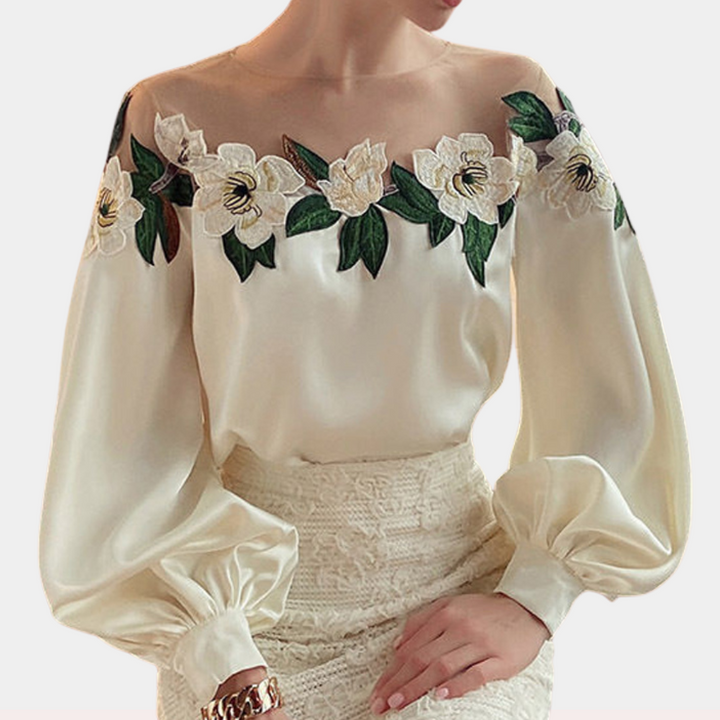Women's floral beige loose fit blouse, long sleeve, for casual spring wear