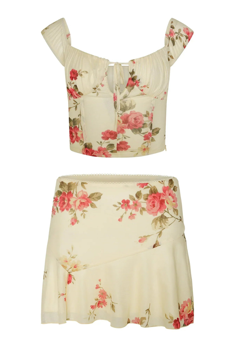 Casual chic women's summer outfit: floral crop top with tie bow and matching mini skirt.