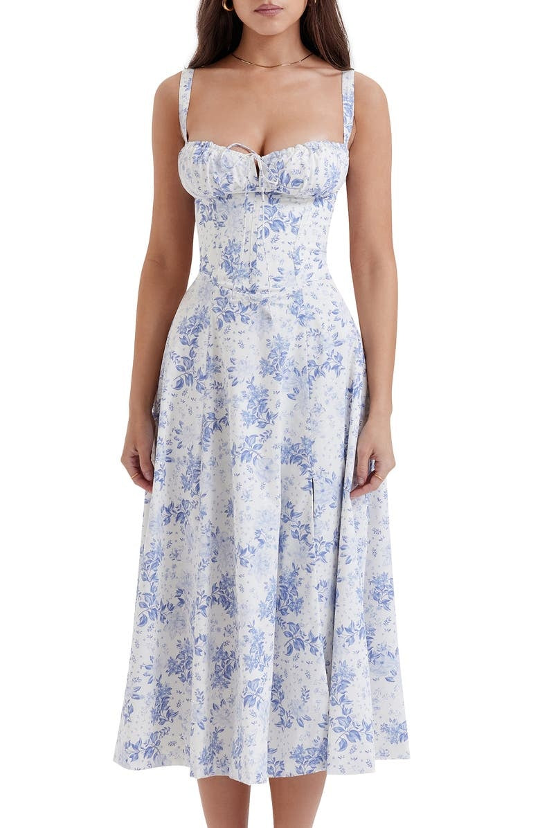 Women's elegant floral bustier dress, a sleeveless summer midi with waist cinching.