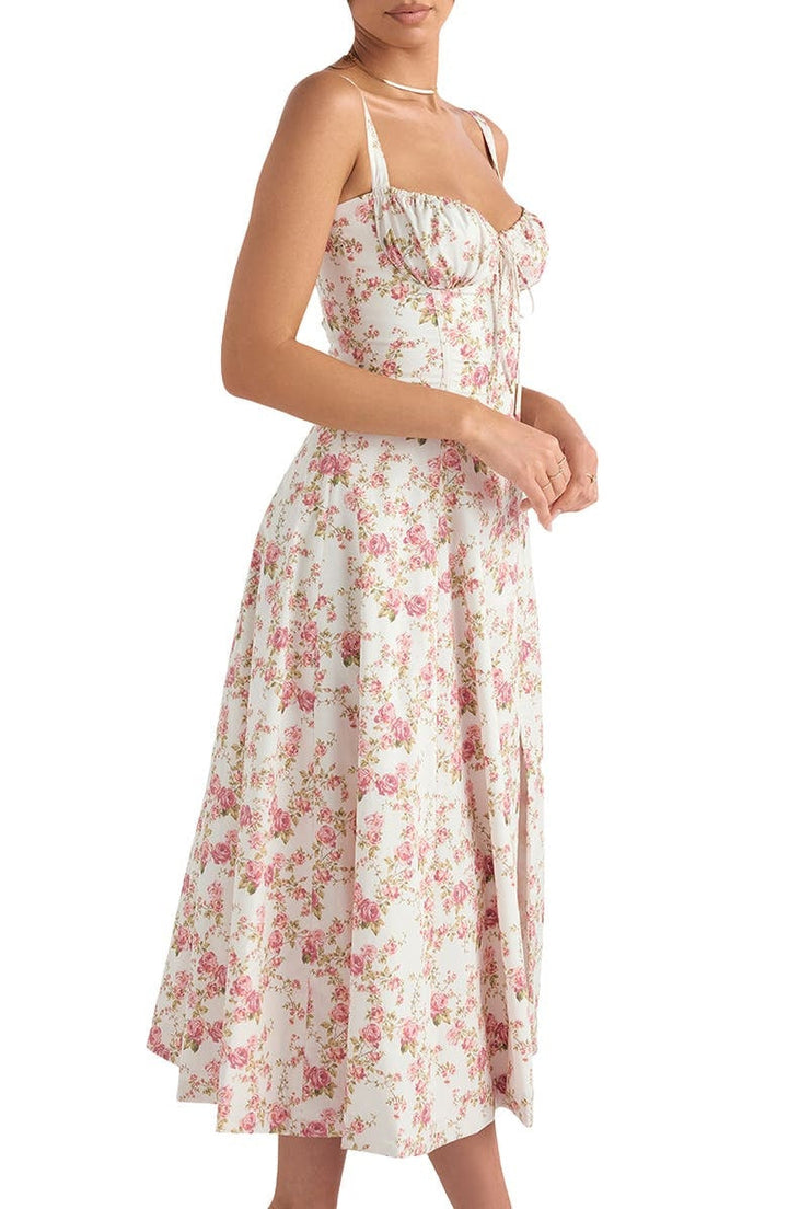 Isabella floral bustier summer dress, elegant women's wear with waist cinching detail.