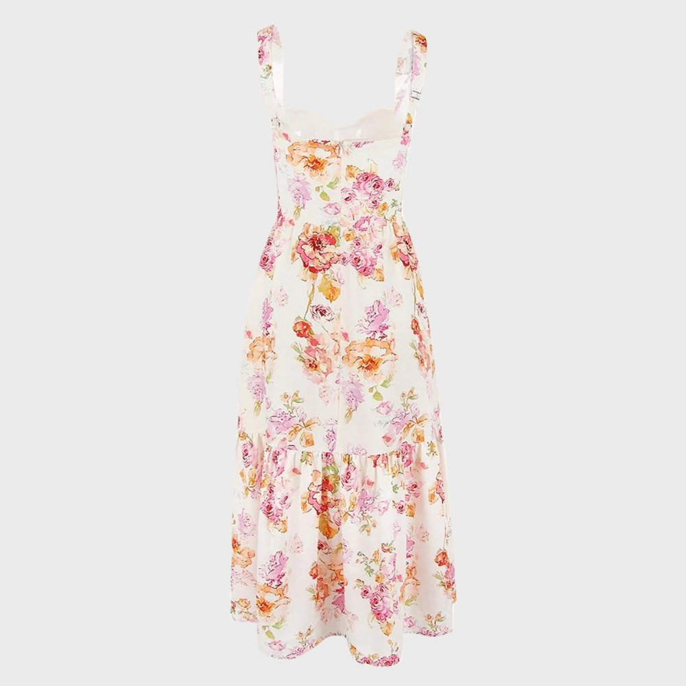 Back view of a women's floral sleeveless flared midi dress, showcasing its flowy design
