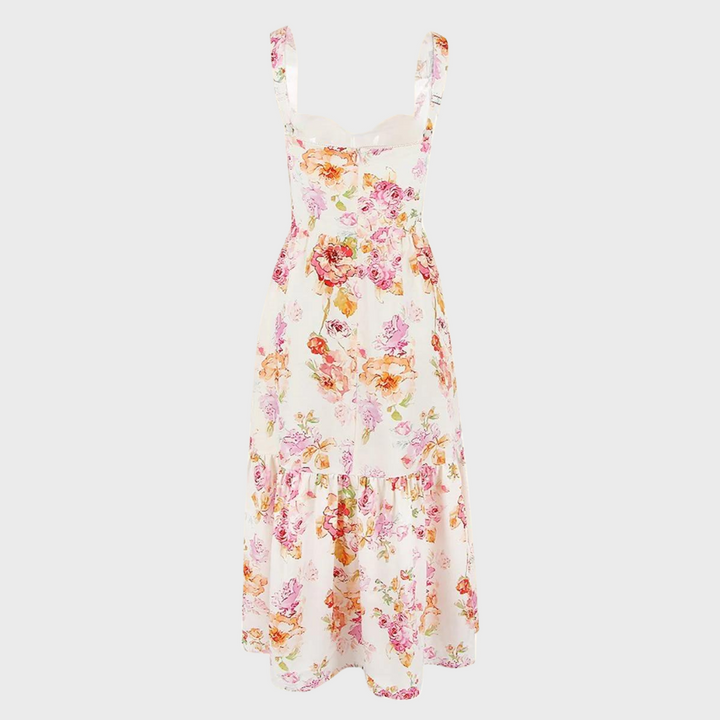 Back view of a women's floral sleeveless flared midi dress, showcasing its flowy design