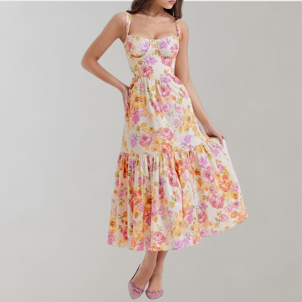Mireille sleeveless floral midi dress for women, featuring a comfortable flared silhouette