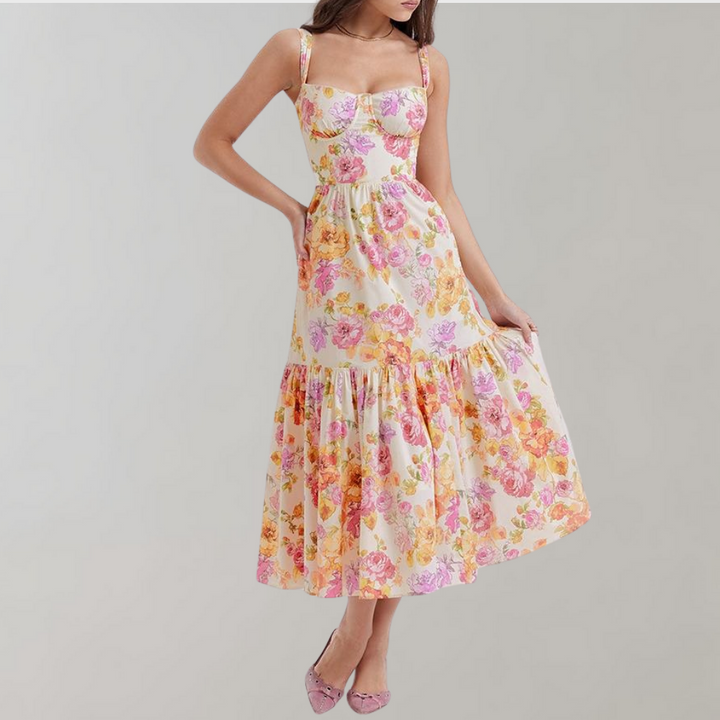 Mireille sleeveless floral midi dress for women, featuring a comfortable flared silhouette