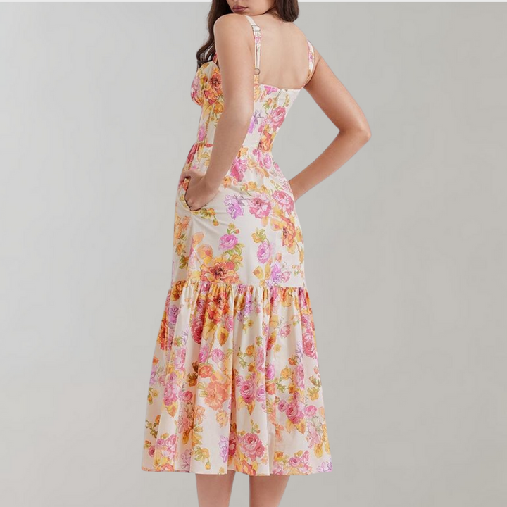 Stylish women's floral summer dress, sleeveless and flared, offering a comfortable fit
