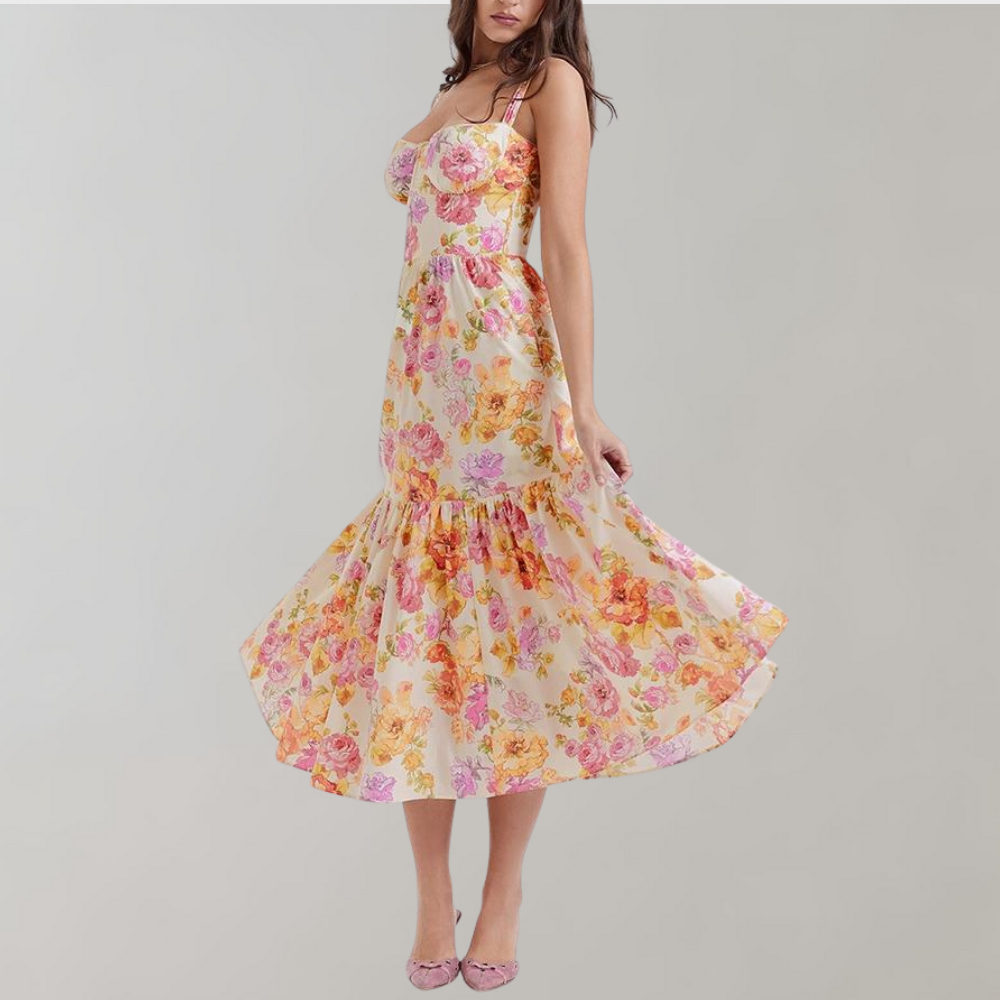 Polyester floral midi dress for women, designed with a flattering flared cut