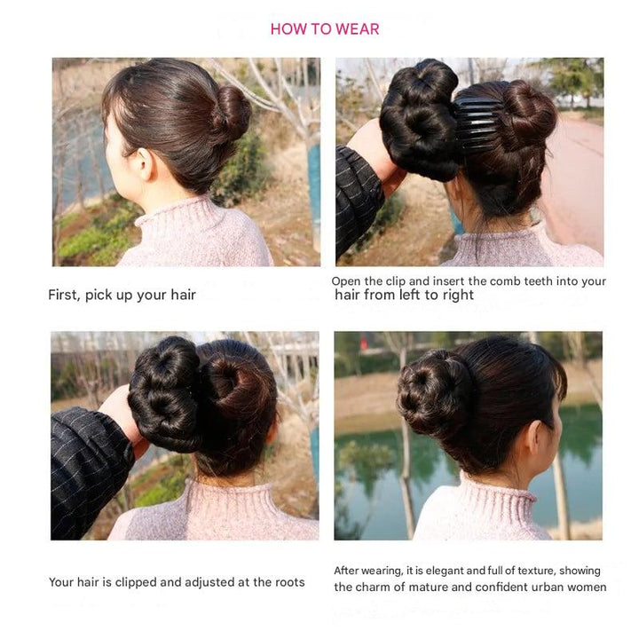 Fiora flower hair clip with synthetic hair extension for a classic chignon.