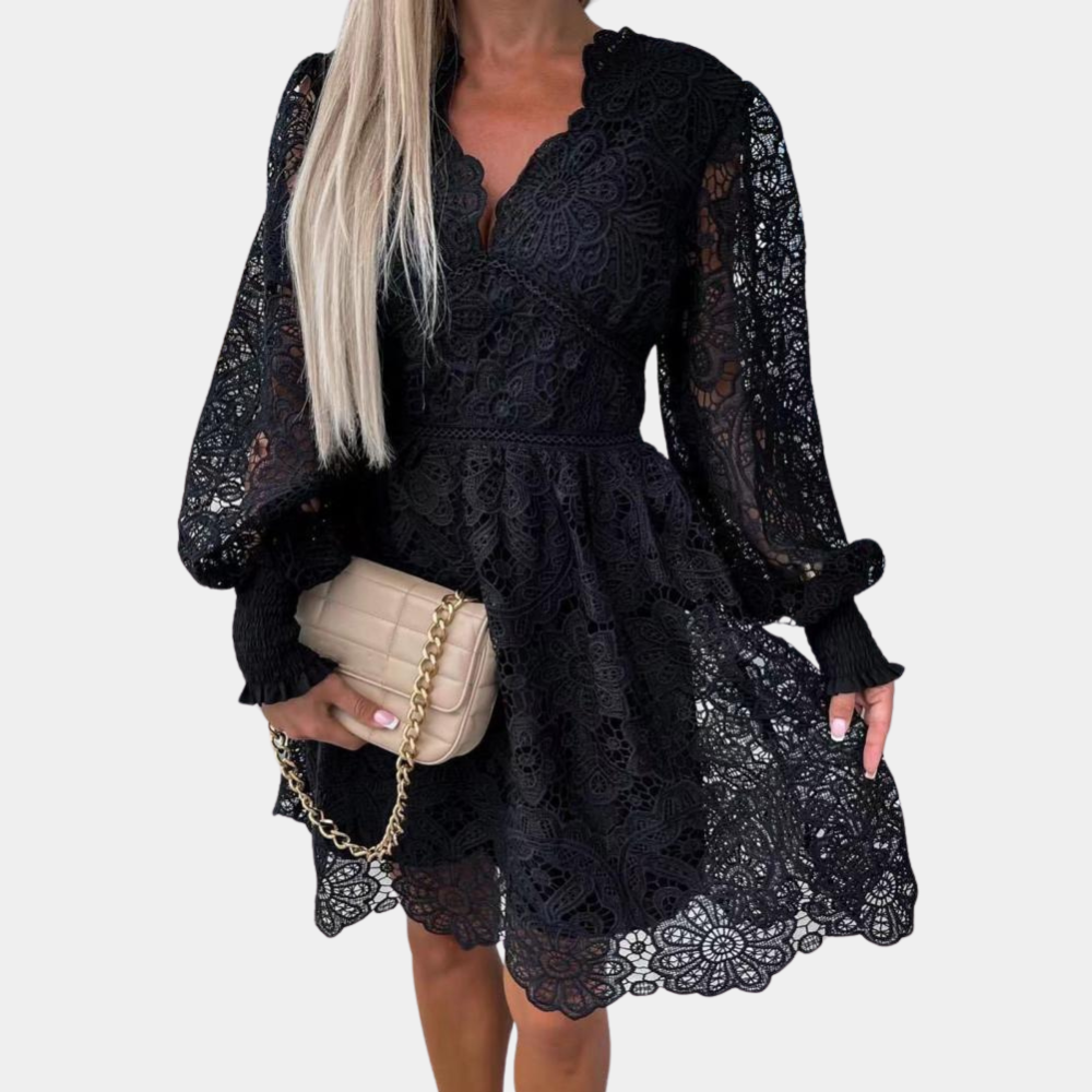 Eliane floral lace midi dress, V-neck, long sleeves. A beautiful, elegant women's long sleeve dress.