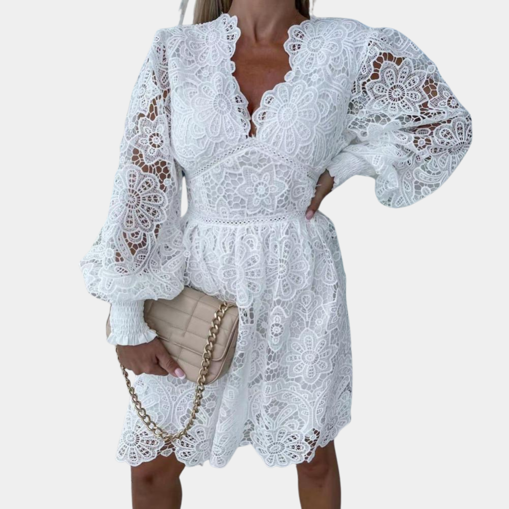 Women's summer floral lace midi dress with V-neck, long sleeves, and a feminine ruffle waist.