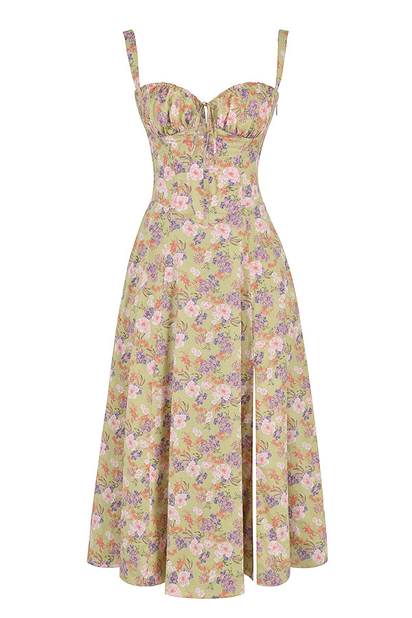 Women's "Fleur" floral maxi dress, elegant, with a flattering sweetheart neckline, waist tie & slit.