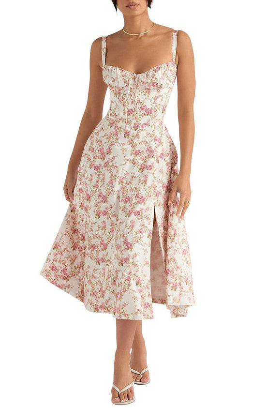 Elegant floral maxi dress for women featuring a flattering sweetheart neckline & a stylish side slit.