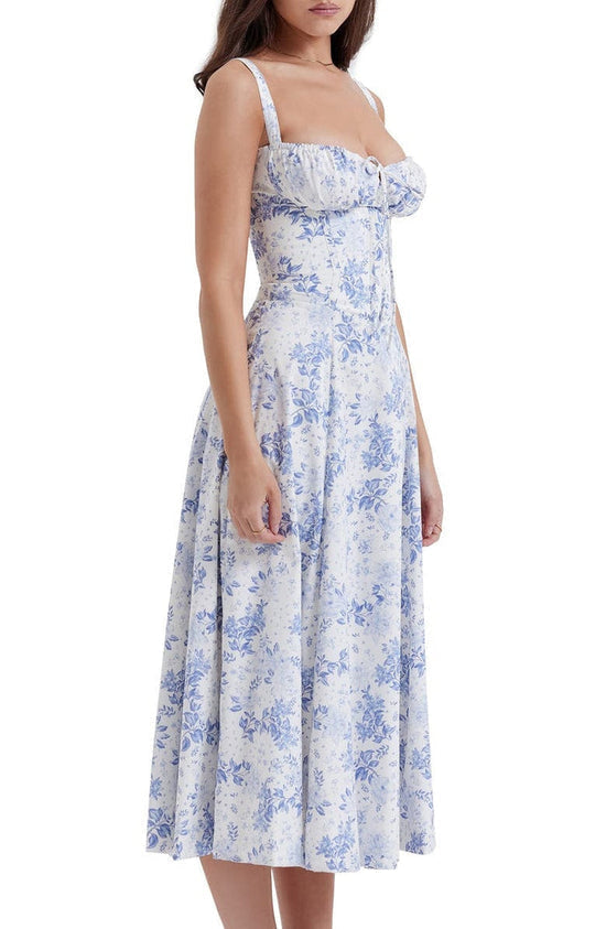Casual chic women's floral print maxi dress, sleeveless, with a graceful sweetheart neckline & slit.