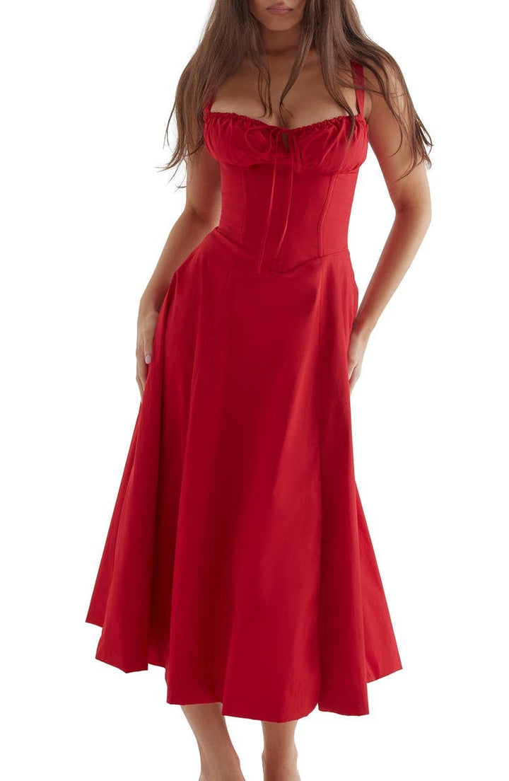 Vacation-ready women's floral maxi dress, sleeveless, with a sweetheart neckline and high side slit.