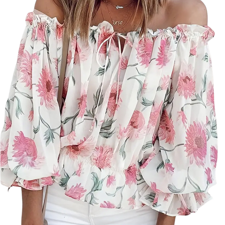 Fayenne floral off-shoulder blouse with ruffles, elegant polyester design