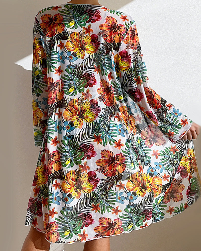 Fashionable women's floral print 3-piece bikini & wrap skirt. Stylish swimwear for summer & resort wear.