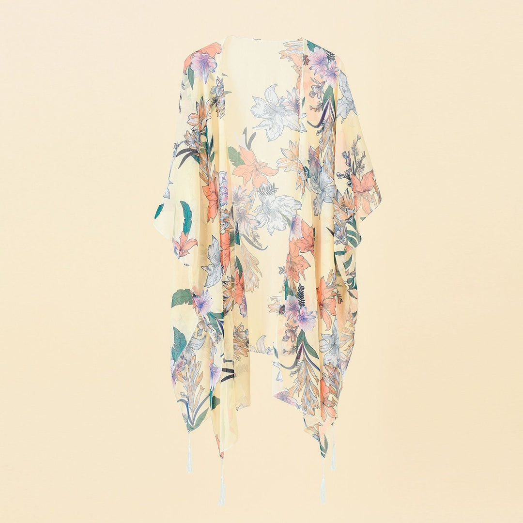 Lightweight boho kimono cover-up for women, featuring a vibrant floral pattern and delicate tassels.