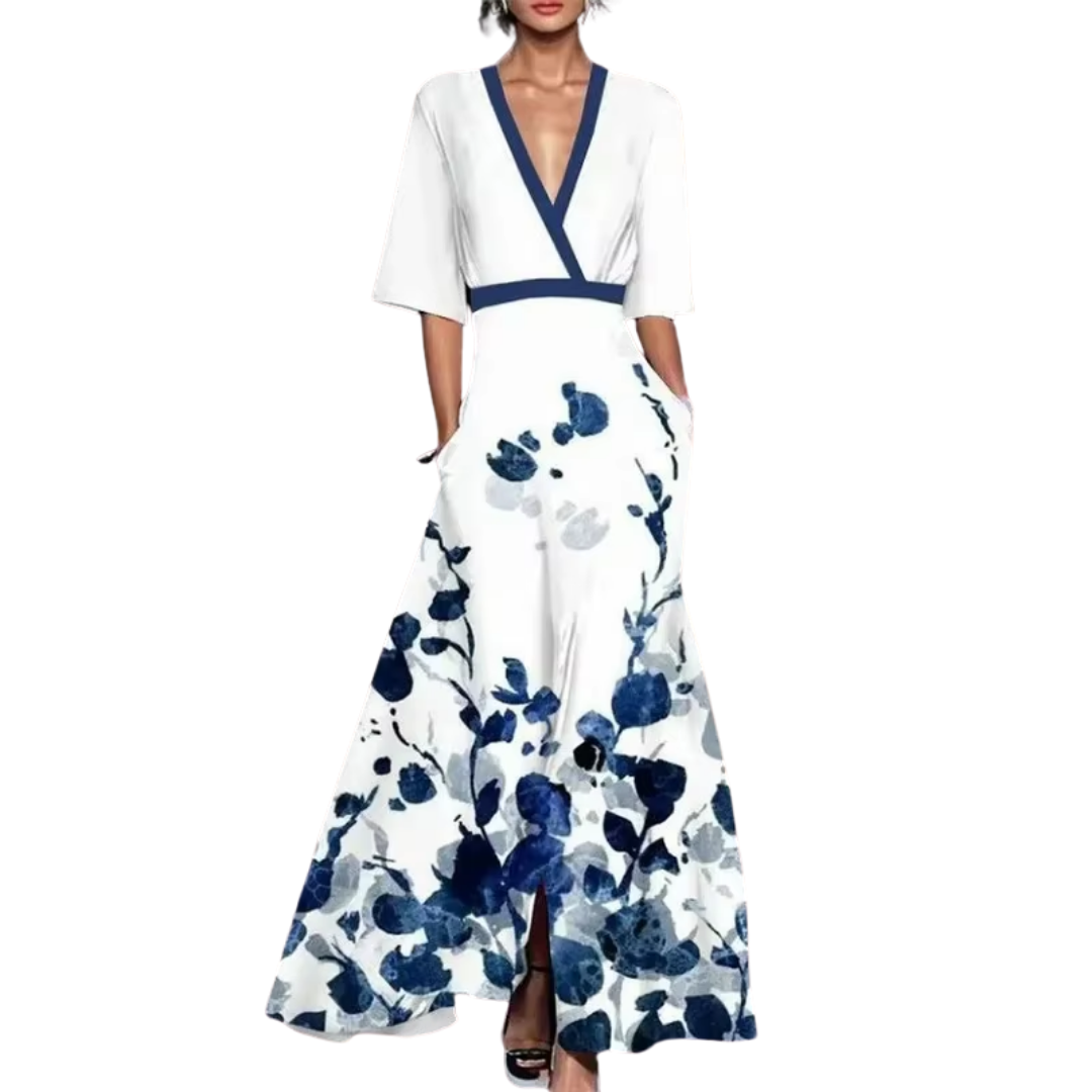 Women's floral summer dress with a flattering waist tie, elegant and flowy, perfect for casual or party wear.