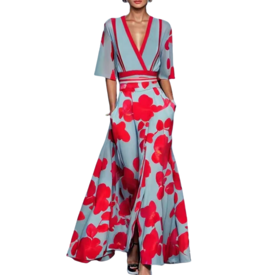 Comfortable plus size women's floral summer dress featuring a V-neck and three-quarter sleeves, ideal day dress.