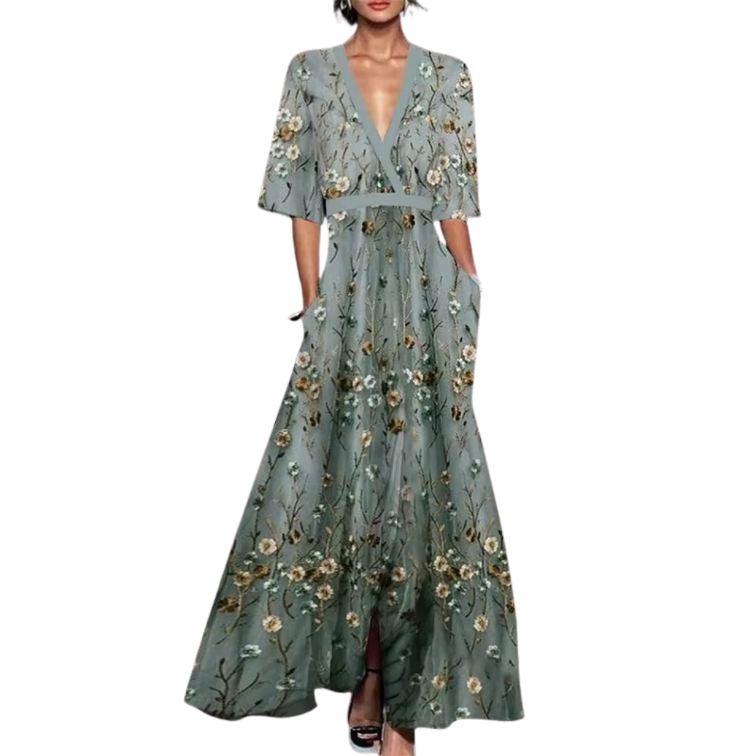 Elegant women's floral summer dress with a waist tie, flowy and versatile for both casual outings and parties.