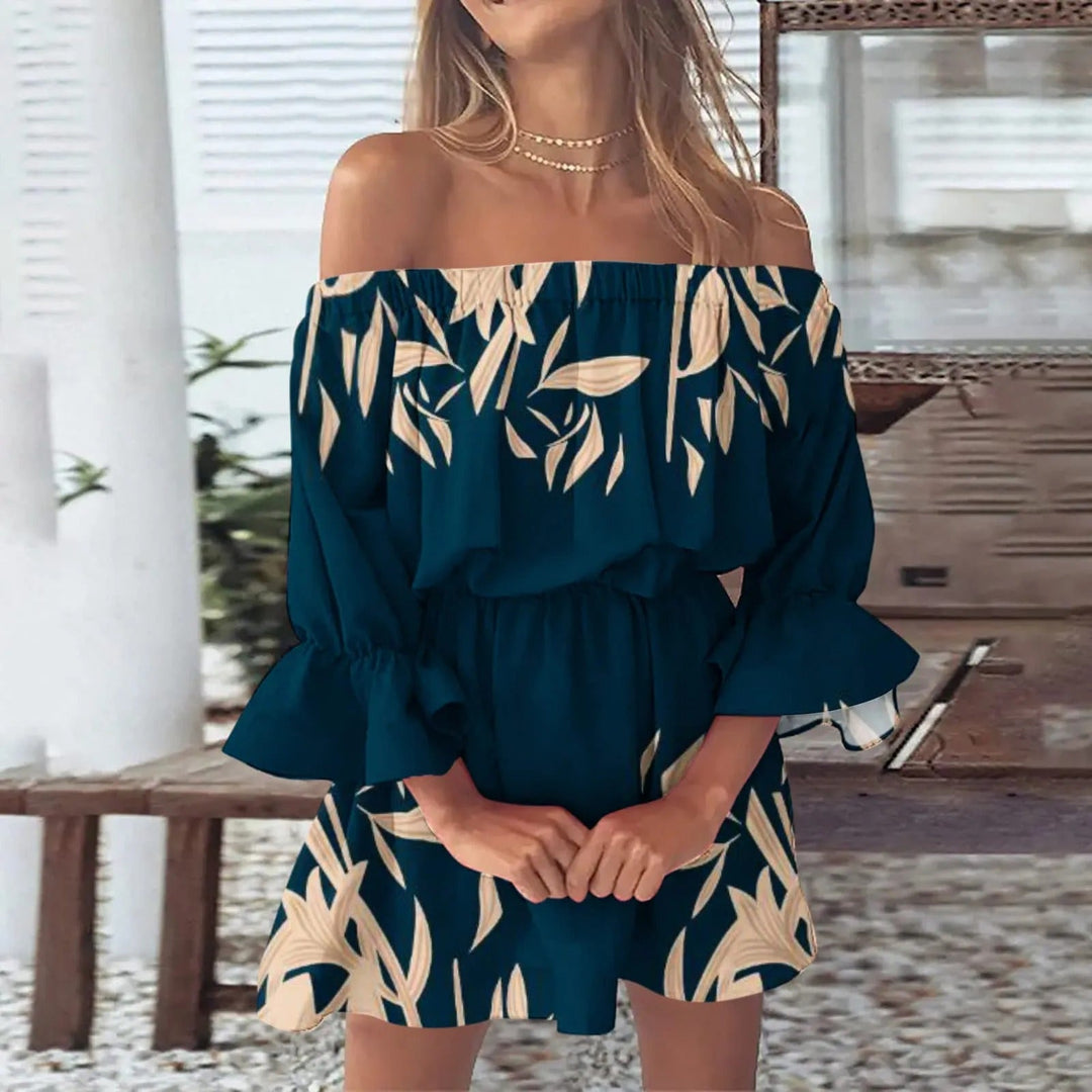 Elegant women's floral midi dress, designed with a flattering V-neck and fashionable flared sleeves for summer.