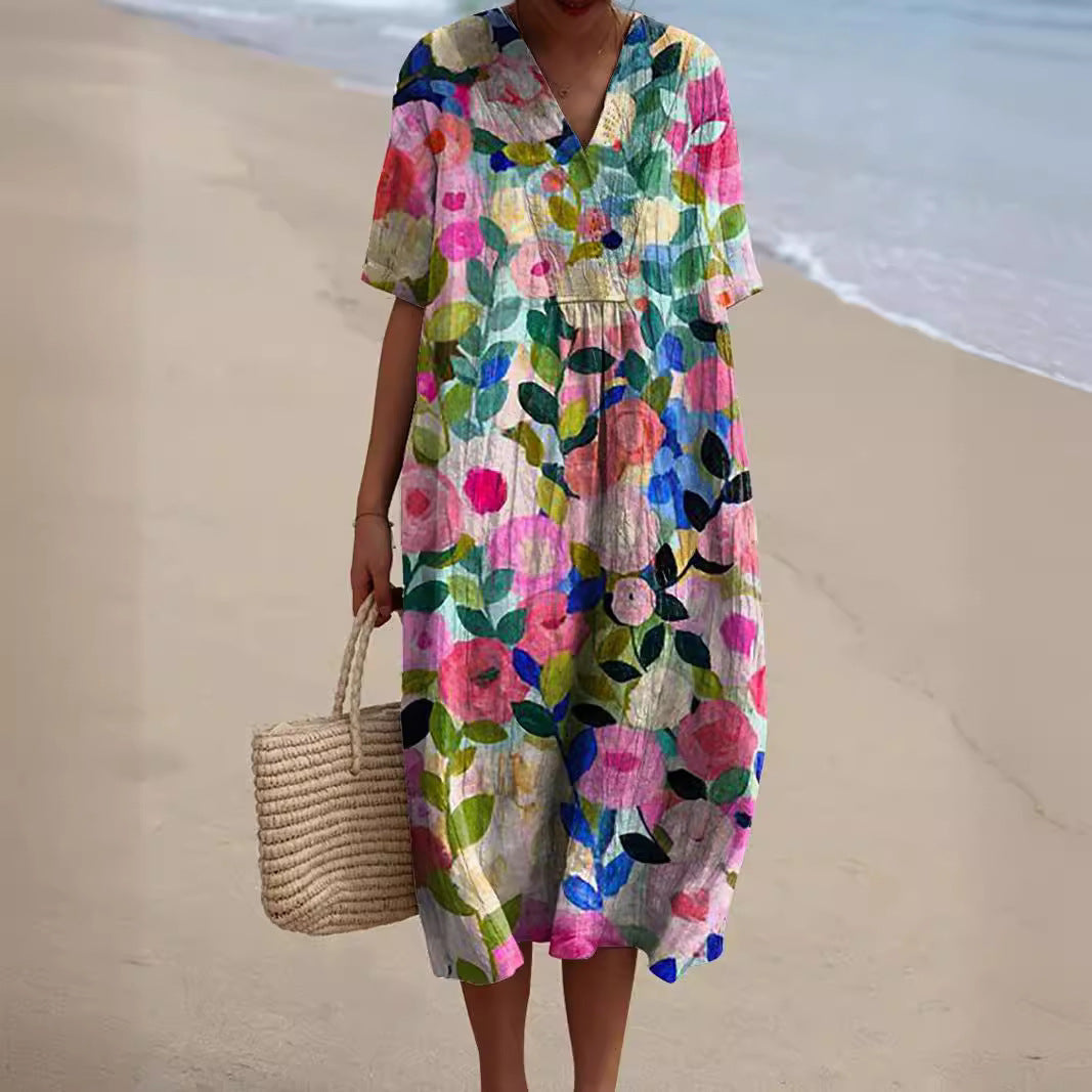 Women's floral V-neck summer dress, light & comfortable, perfect for casual wear or vacation. Breezy flowy design.