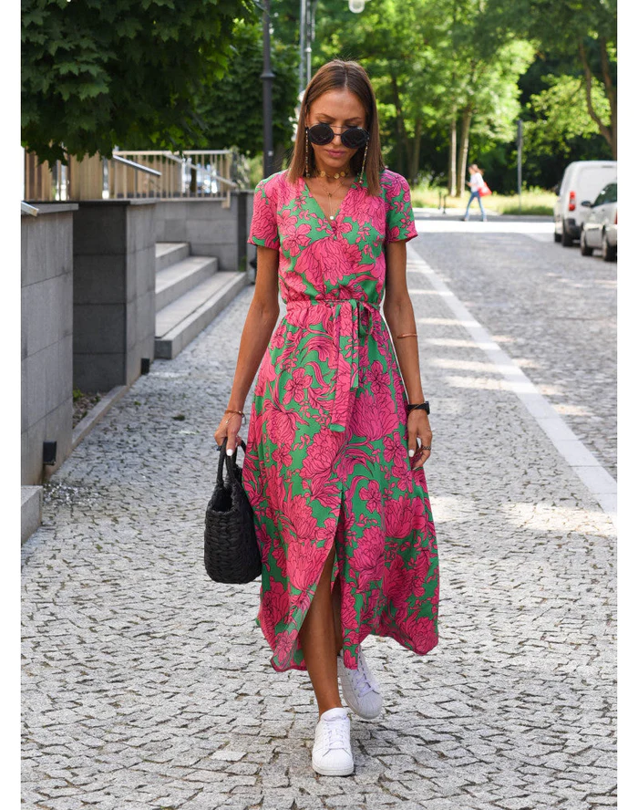 Vibrant short sleeve floral summer dress for women. Comfortable & flowy, great for parties or casual outings.