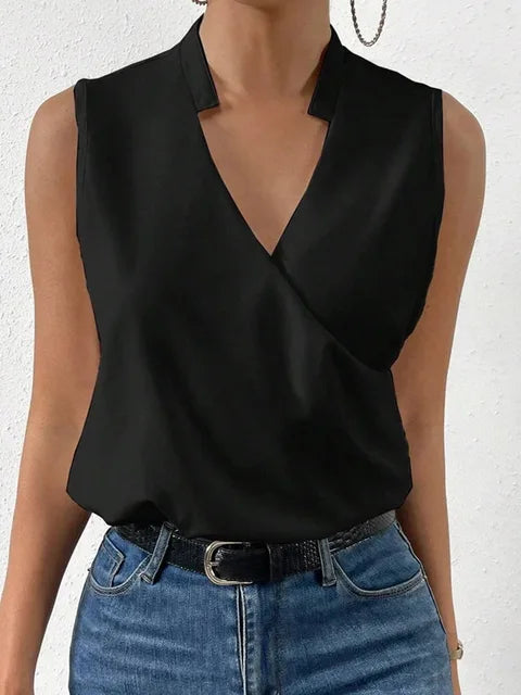 Comfortable women's flowy summer top featuring a flattering V-neck design, ideal for warm weather.