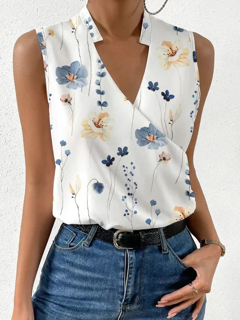 Fashionable short-sleeve V-neck top for women, flowy fit for a stylish summer or casual appearance.