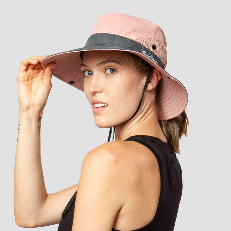 Women's summer sun hat, foldable, breathable, with wide brim & ponytail opening for ultimate comfort & UV.