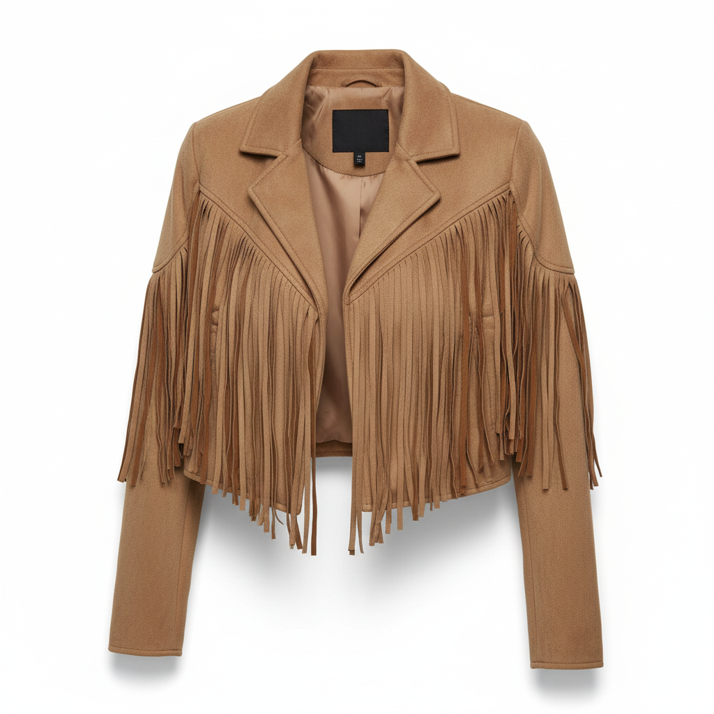 Back view of women's western style jacket featuring extensive fringe detailing, a statement piece