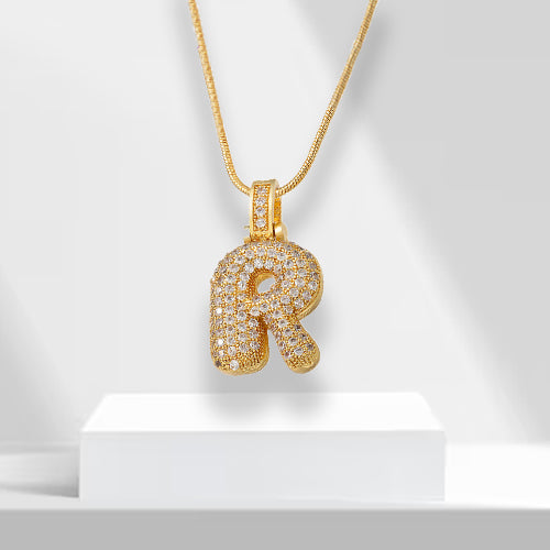 Elegant gold plated bubble letter 'E' necklace, a stunning women's fashion accessory with zirconia.