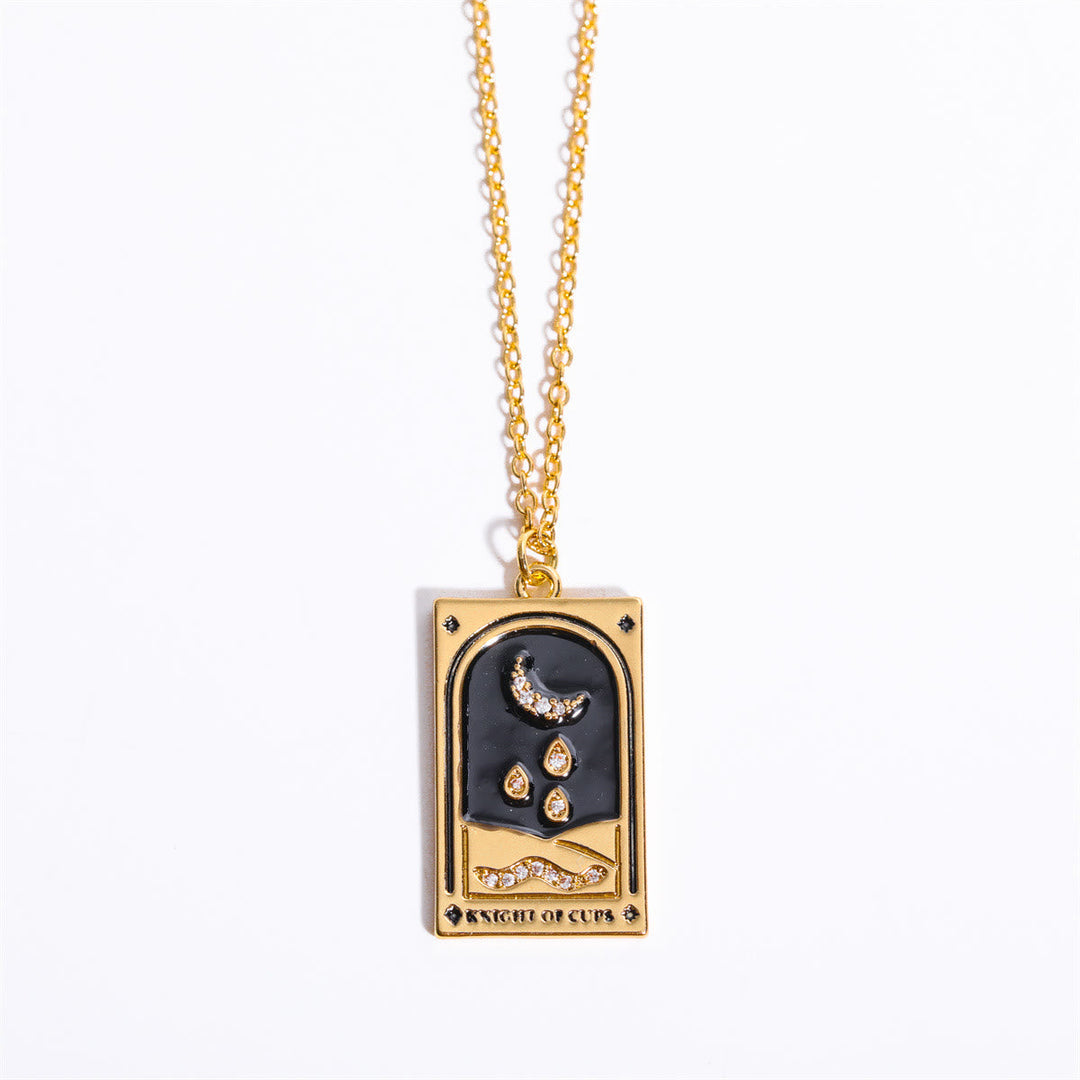 Gold-plated women's necklace, featuring an intricate tarot card design with zirconia.