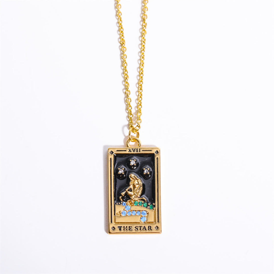 Front view of a women's gold-plated tarot necklace, a spiritual accessory and unique gift.
