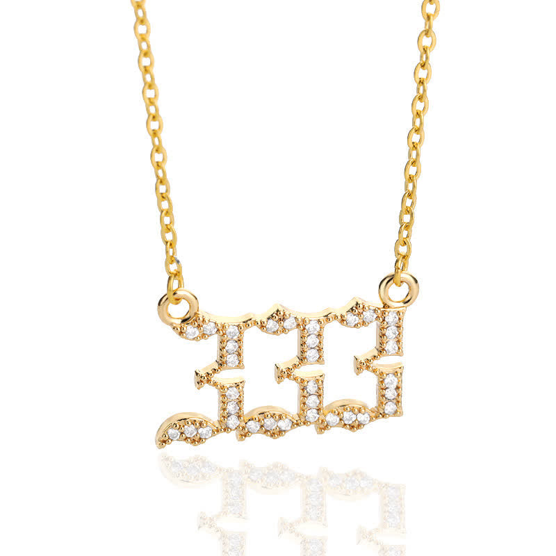 Silver zirconia angel numbers necklace, promoting spiritual balance & protection.