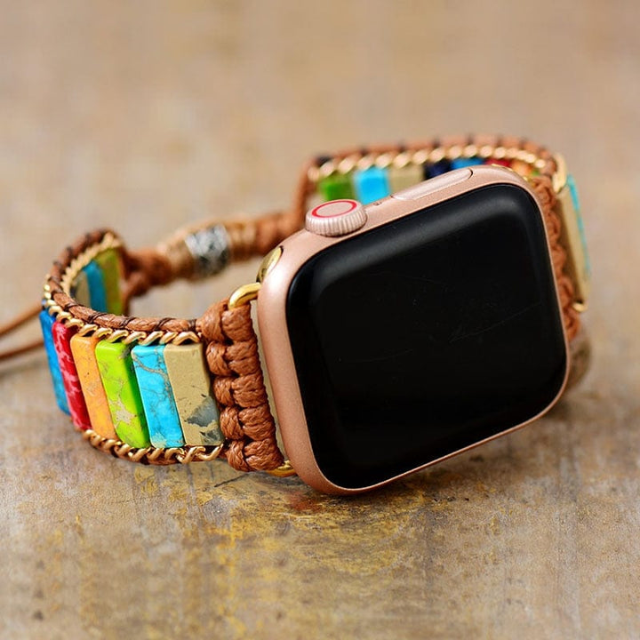 Women's handmade Chakra Apple Watch wrap band. Bohemian spiritual jewelry strap with gold or silver accents.