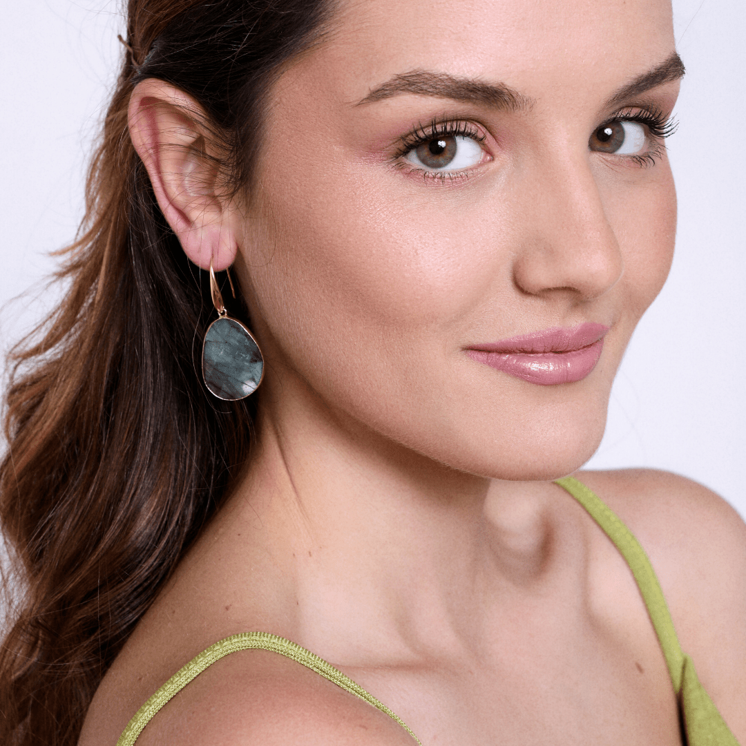 Bohemian women's labradorite crystal earrings, handmade for spiritual healing and a dreamy fashion look.