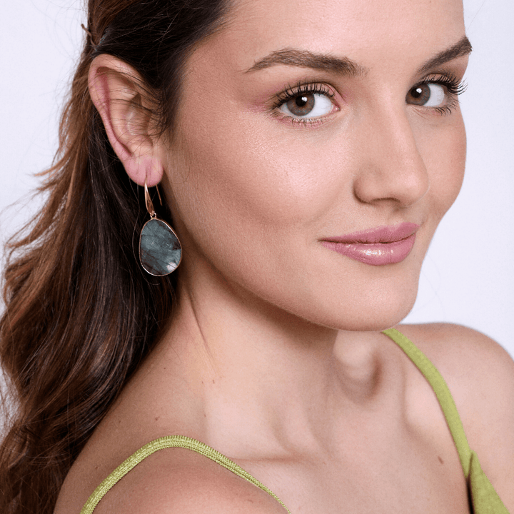Bohemian women's labradorite crystal earrings, handmade for spiritual healing and a dreamy fashion look.